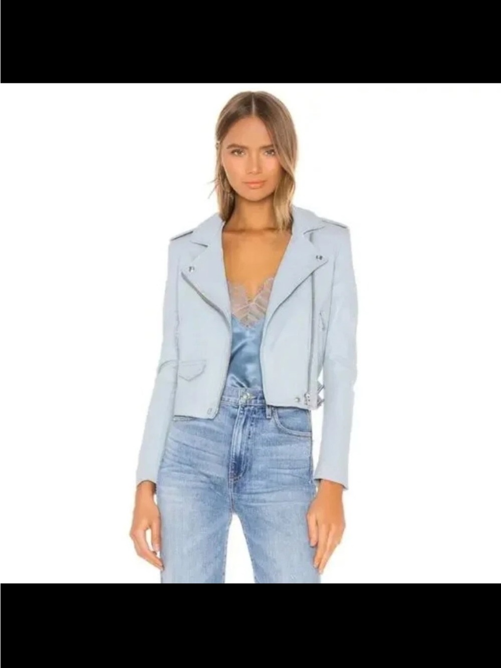 IRO Pale Blue Leather Moto Jacket with Silver Hardware size 36